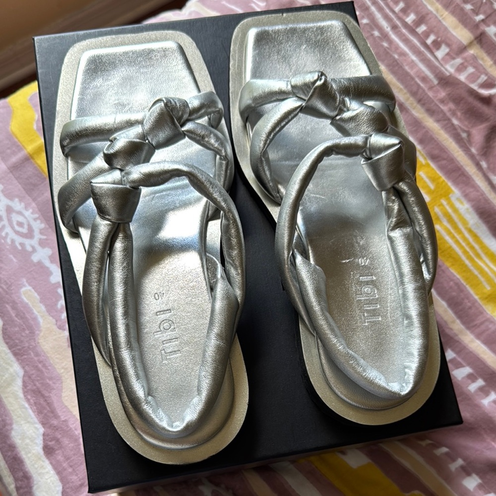 Tibi Silver Knotted Strap Flat Sandals
